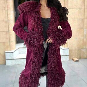 Burgundy Elegant Women's Fuzzy Patchwork Casual Jacket